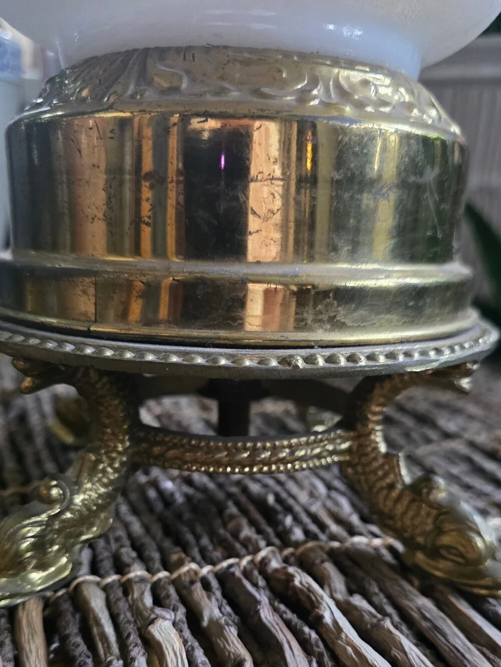 Milk Glass Table Lamp Base with White Floral Cutwork - Needs Rewiring